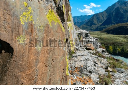 Petroglyphs rock drawings of ancient people animal deer on bright stones behind the panorama of the Altai mountains.