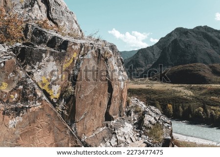 Petroglyphs rock drawings of ancient people animals on stones behind the panorama of the Altai mountains and rivers in Siberia in summer.