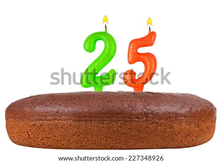 birthday cake with candles number 25 isolated on white background
