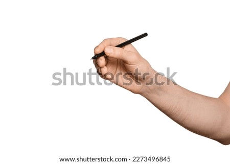 Man's hand with a black pen for writing, isolate.