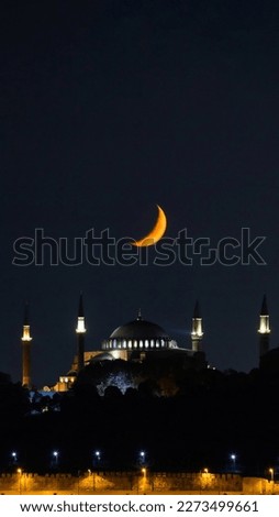 Hagia Sophia and crescent moon. Islamic vertical story background photo. Ramadan or kadir gecesi or laylat al-qadr concept vertical story photo. Royalty-Free Stock Photo #2273499661