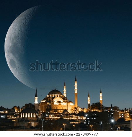 Suleymaniye Mosque with crescent moon. Ramadan or islamic square format photo. Islamic or kadir gecesi or laylat al-qadr background photo. Royalty-Free Stock Photo #2273499777