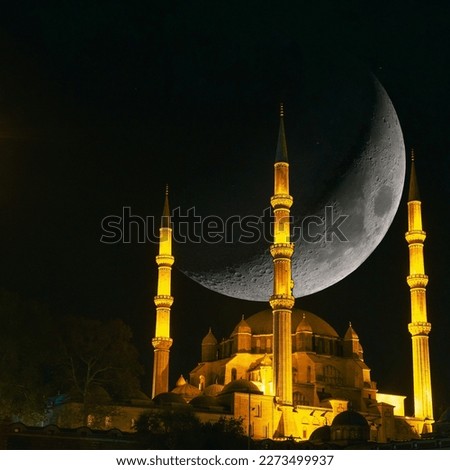 Edirne Selimiye Mosque with crescent moon. Ramadan or islamic concept photo. Islamic or kadir gecesi or laylat al-qadr square format background photo.