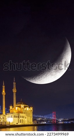 Islamic story background photo. Ortakoy Mosque and crescent moon. Ramadan or kadir gecesi or laylat al-qadr concept vertical story photo.