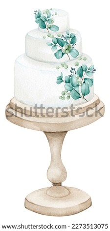Wedding cake on a stand decorated with eucalyptus. Watercolor holiday clipart for greeting cards, invitations, menus, logos, stationery, fabric prints. Wedding, birthday, anniversary design.