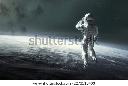 3D illustration of astronaut at Earth orbit. Space walk. 5K realistic science fiction art. Elements of image provided by Nasa