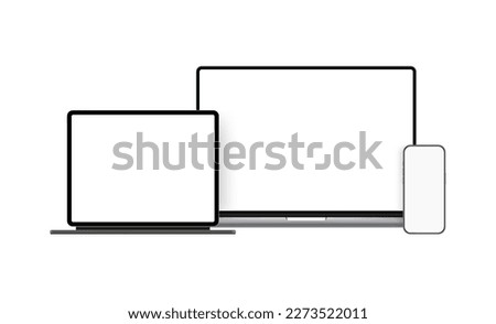 Modern Devices, Laptop, Tablet Computer With Keyboard Stand, Smartphone, Front View, Isolated on White Background. Vector Illustration