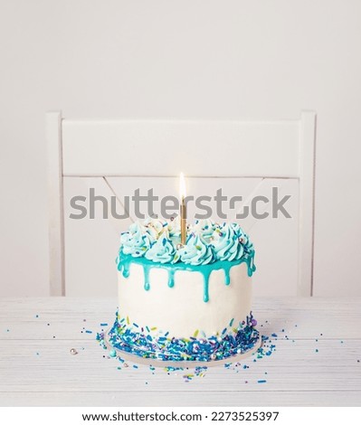Birthday Cake with blue icing, ganache drip, sprinkles, and lit candle on a white background