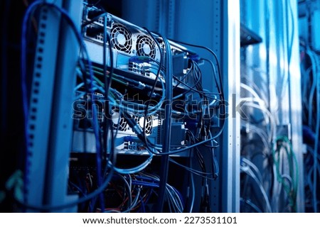 Computer internet equipment and wires in server room