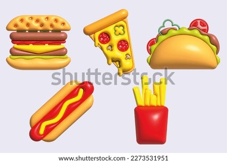 Set of Fast food 3d cartoon render icon. Pizza, taco, hamburger, fries potatoes, hot dog clip art. 3d render illustration