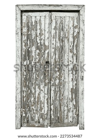 Wooden white double door. Old wooden dilapidated door with weathered white paint isolated on white Royalty-Free Stock Photo #2273534487