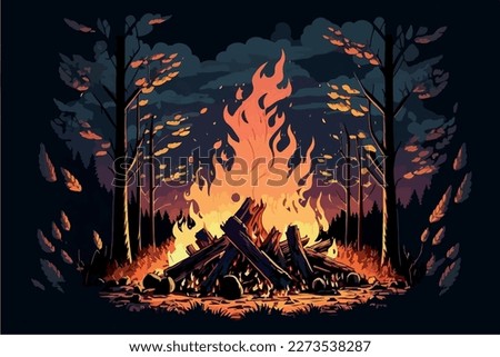 Campfire in the forest in the night. Vector illustration of fire in the nature. Traveling illustration. Holiday camp, cartoon style landscape. Mountain vacation. Bonfire in the wood for picnic.  Royalty-Free Stock Photo #2273538287