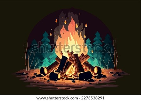 Campfire in the forest in the night. Vector illustration of fire in the nature. Traveling illustration. Holiday camp, cartoon style landscape. Mountain vacation. Bonfire in the wood for picnic.  Royalty-Free Stock Photo #2273538291