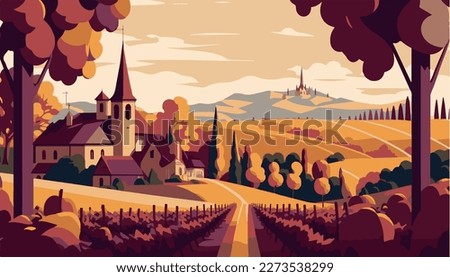 Vineyard in burgundy france. Wine tasting. Famous grapes, vector art. Illustration of bordeaux scenery. Nature, peaceful winery. Delicious french wines. Harvest of grapes for cabernet red wine.  Royalty-Free Stock Photo #2273538299