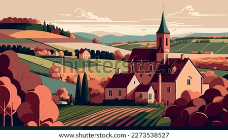 Vineyard in burgundy france. Wine tasting. Famous grapes, vector art. Illustration of bordeaux scenery. Nature, peaceful winery. Delicious french wines. Harvest of grapes for cabernet red wine.  Royalty-Free Stock Photo #2273538527