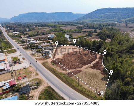 vacant land management land reclamation for land plot for building house aerial view, land pins location for housing subdivision residential development owned sale rent buy or investment home expand Royalty-Free Stock Photo #2273554883