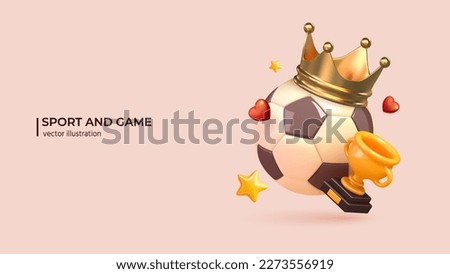3d realistic Soccer ball. Realistic 3d design of sports elements Football Ball in Crown, Golden cup and winners stars. Champions rewards ceremony concept in cartoon minimal style. Vector illustration