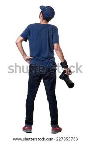 Photographer hold camera real view, Isolated over white