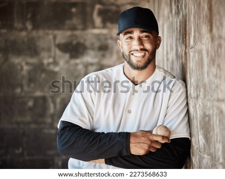 Wall background, baseball and portrait of man with ball ready for game, match and practice in stadium. Softball mockup, sports and happy player smile in dugout for training, exercise and competition