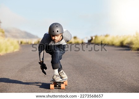 Skateboard, sports and mountain with man in road and travel for speed, freedom and summer break. Motion, adventure and fitness with guy skating fast in street for training, gen z or balance in nature
