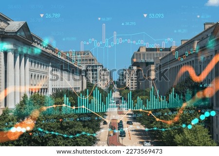 City view of iconic buildings in Washington DC, USA. Political core center of the United States of America. Forex candlestick graph hologram. The concept of internet trading, brokerage, analysis