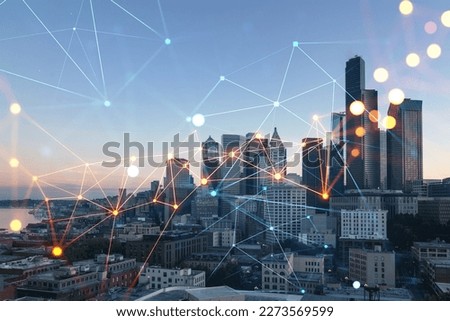 Seattle aerial skyline panorama of downtown skyscrapers at sunset, Washington USA. Social media hologram. Concept of networking and establishing new people connections