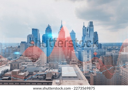 Skyscrapers Cityscape Downtown View, Philadelphia Skyline Buildings. Beautiful Real Estate. Day time. Forex Financial graph and chart hologram. Business education concept.