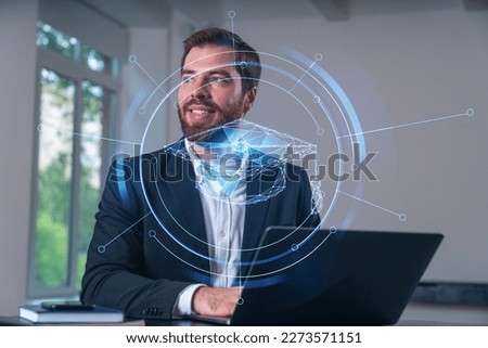 Smiling businessman in formal wear working on laptop at office workplace with smartphone and notebooks. Concept of successful business deal, agreement. Education icons.