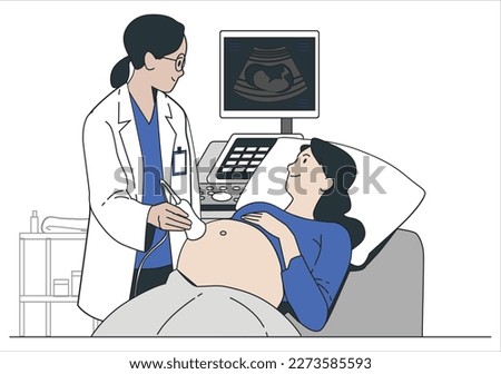 Female doctor doing ultrasound fetus screening to pregnant woman. Regular medical check up pregnancy. Future mother visit hospital for baby belly sonography scan at machine screen vector illustration Royalty-Free Stock Photo #2273585593