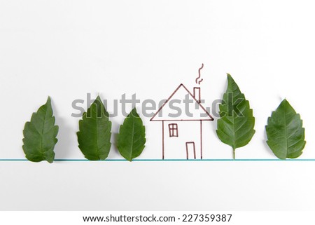 Leaves with painted house isolated on white