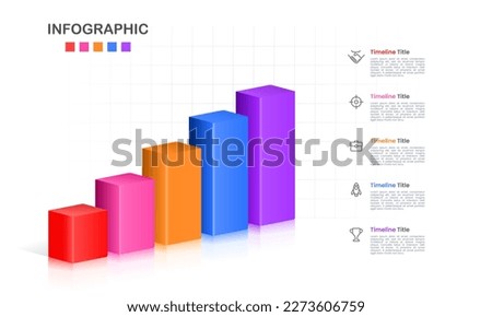 5 Bar chart 3D graph timeline business statistics. The report, Presentation, Data, Milestone, and Infographic. Vector illustration.