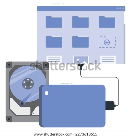 Laptop and Hard disk storage, Vector design. External hard drive connect to laptop computer. Vector illustration of opened hard drive disk isolated on the white background Royalty-Free Stock Photo #2273618615
