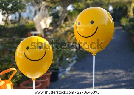 Two yellow balloons decorated with smileys