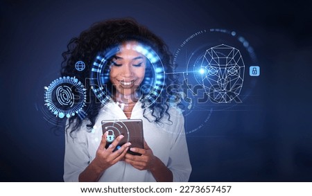 Black businesswoman smiling and working with phone, biometric scanning and facial recognition. Concept of face id and authentication Royalty-Free Stock Photo #2273657457