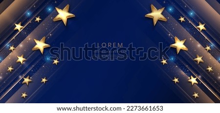 Abstract luxury golden stars on dark blue background with lighting effect and spakle. Template premium award design. Vector illustration