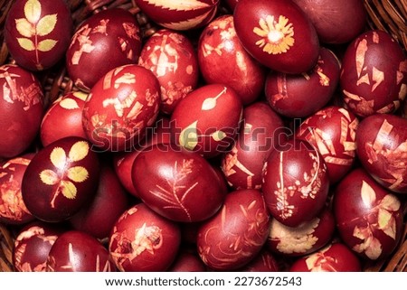 Traditional easter eggs dyed in onion peel. Light Easter holiday. Religious traditions. Royalty-Free Stock Photo #2273672543