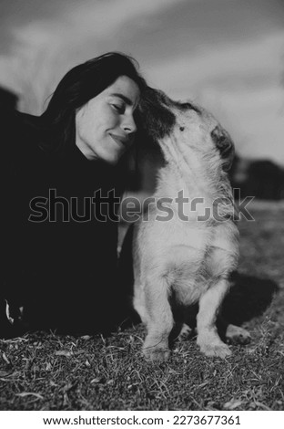 a beautiful dark-haired girl, in a black sweater spends time with a dog, a homeless dog, friends lie on the grass in the yard, hugging, taking pictures on the phone.the girl cares about a homeless dog