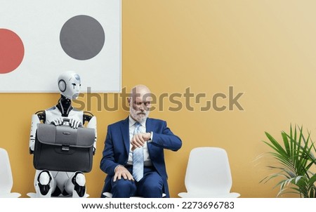 Man and AI robot waiting for a job interview: AI vs human competition Royalty-Free Stock Photo #2273696783