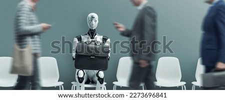 Business people and humanoid AI robot sitting and waiting for a job interview: AI vs human competition Royalty-Free Stock Photo #2273696841