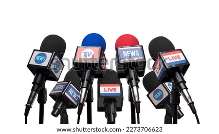 Set of microphones ready for the press conference, communication and media concept Royalty-Free Stock Photo #2273706623