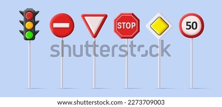 Set of 3d road street signs for vehicles and traffic light, priority roads, speed limit and restriction stop signboards