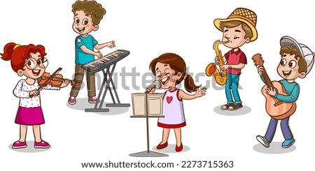 Cartoon group of children singing and dancing in the school choir