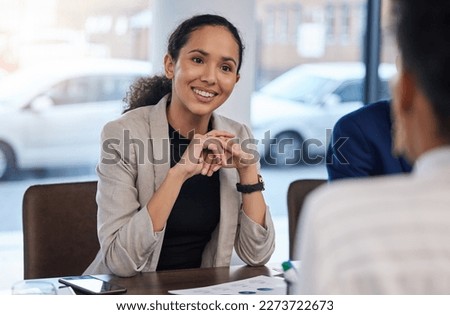 Job interview, happy and woman in office for business meeting, discussion and networking with candidate. We are hiring, smile and friend HR lady explaining hiring process, recruitment and our vision Royalty-Free Stock Photo #2273722673