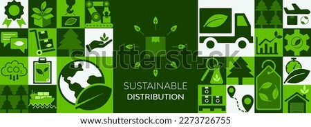 supply network and green logistics vector illustration. Concept with associated icons for eco-friendly transportation, sustainable distribution, and smart methods for import and export of cargo.banner Royalty-Free Stock Photo #2273726755