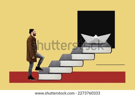 Digital collagewith a man in a hat and coat climbs the stairs from the books