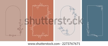 Elegant frames with hand drawn flowers and leaves, design templates in line style. Vector backgrounds for wedding invitations, greeting cards, social media stories, label, corporate identity Royalty-Free Stock Photo #2273767671