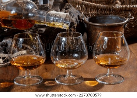 Tasting glasses of aged french cognac brandy alcoholic drink in old cellars of cognac-producing regions Champagne or Bois, France Royalty-Free Stock Photo #2273780579