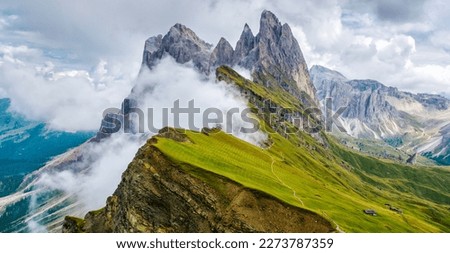 Wonderful landscape of  the Dolomites Alps. Odle mountain range, Seceda peak in Dolomites, Italy. Artistic picture. Beauty world.