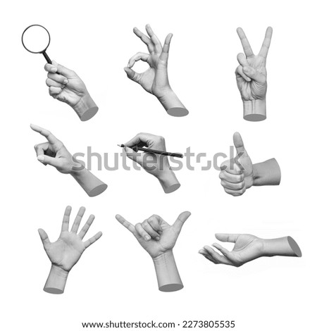 Set of 3d hands showing gestures such as ok, peace, thumb up, point to object, shaka, holding magnifying glass, writing isolated on white background. Contemporary art in magazine style. Modern design