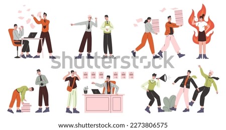 Angry screaming bosses. Workplace abuse. Brutal management. Nervous working environment. Harassed employee. Furious manager. Exhausted workers. Vector stressful office Royalty-Free Stock Photo #2273806575